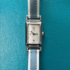 Coach Stainless Steel Light Blue and White Leather Rectangle Watch